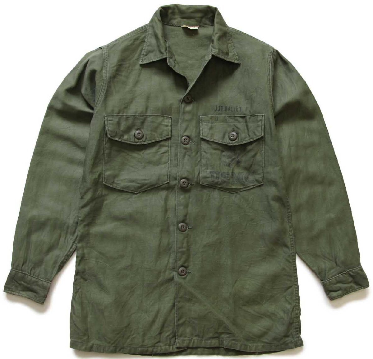 60s 米軍 USMC ステンシル コットンサテン ユーティリティシャツ オリーブグリーン 14.5【中古】｜Used Clothing Sixpacjoe