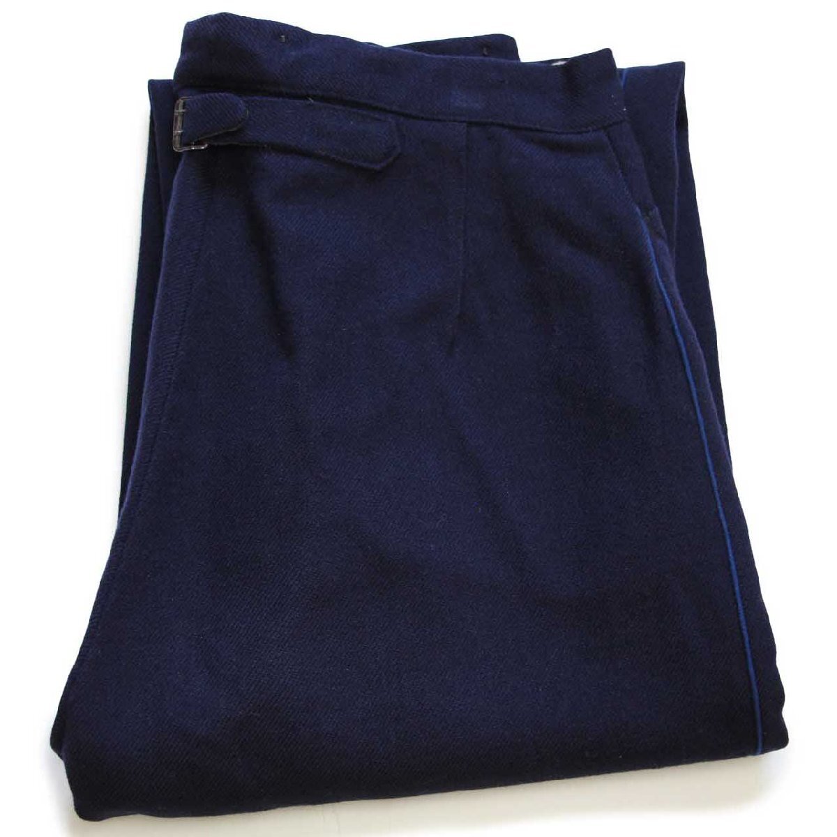 40s UNKNOWN シンチバック サイドライン スラックス ウールパンツ 紺 W32【中古】