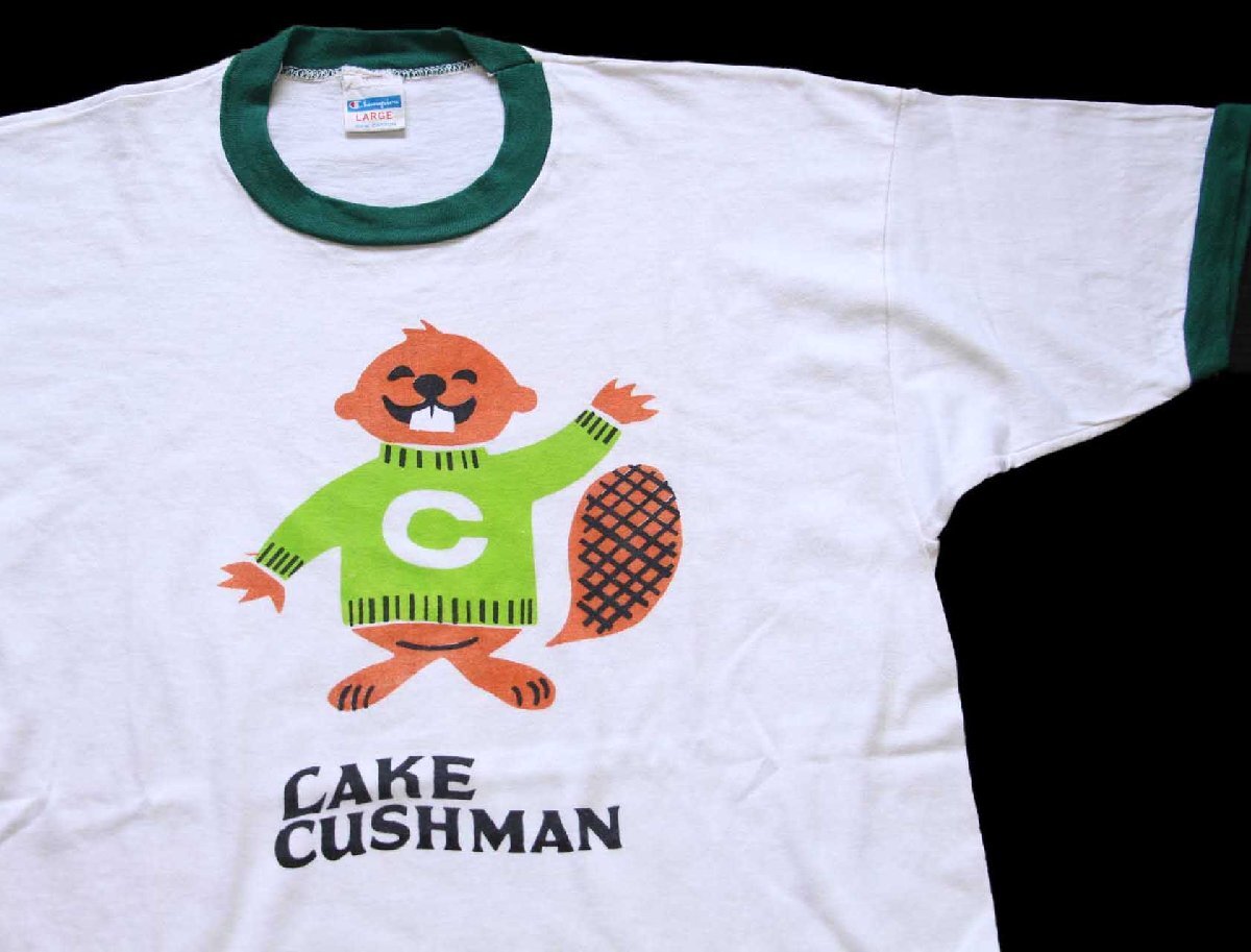 \u003cBR\u003e70s USA製 Championはやりっ子 LAKE CUSHMAN 染み込み刷り上げる 綿織物 リンガーティーシャツ 白×緑 L【中古】 Tシャツ・カットソー-メンズファッション
