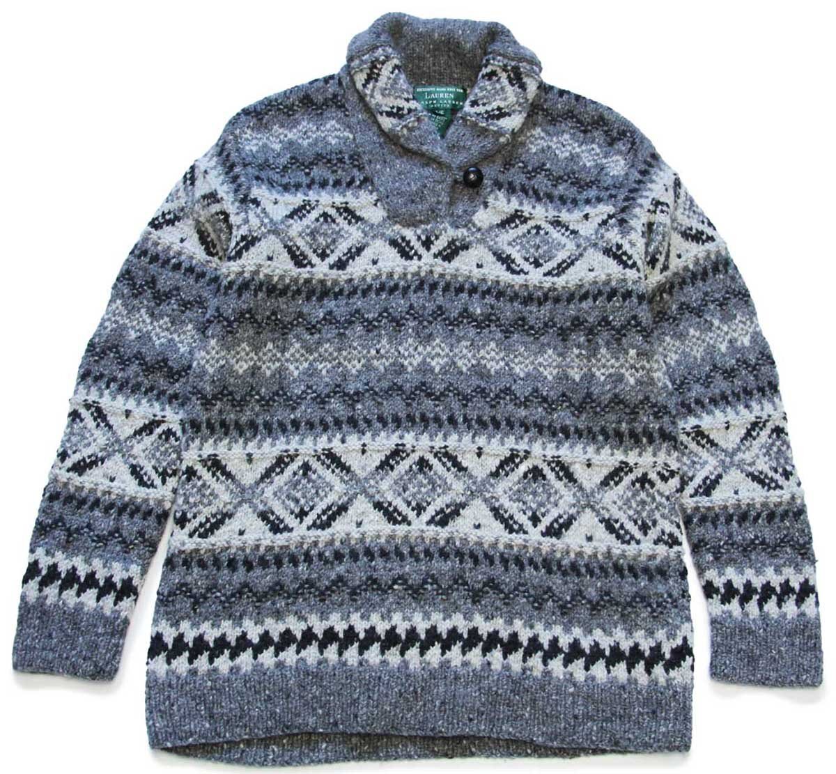 ラルフローレン　毛１００％　ハンドニット　セーター　総柄　ポニー柄　美品 ポロラルフローレン 90s 90年代 ウールニットセーター 総柄 生成