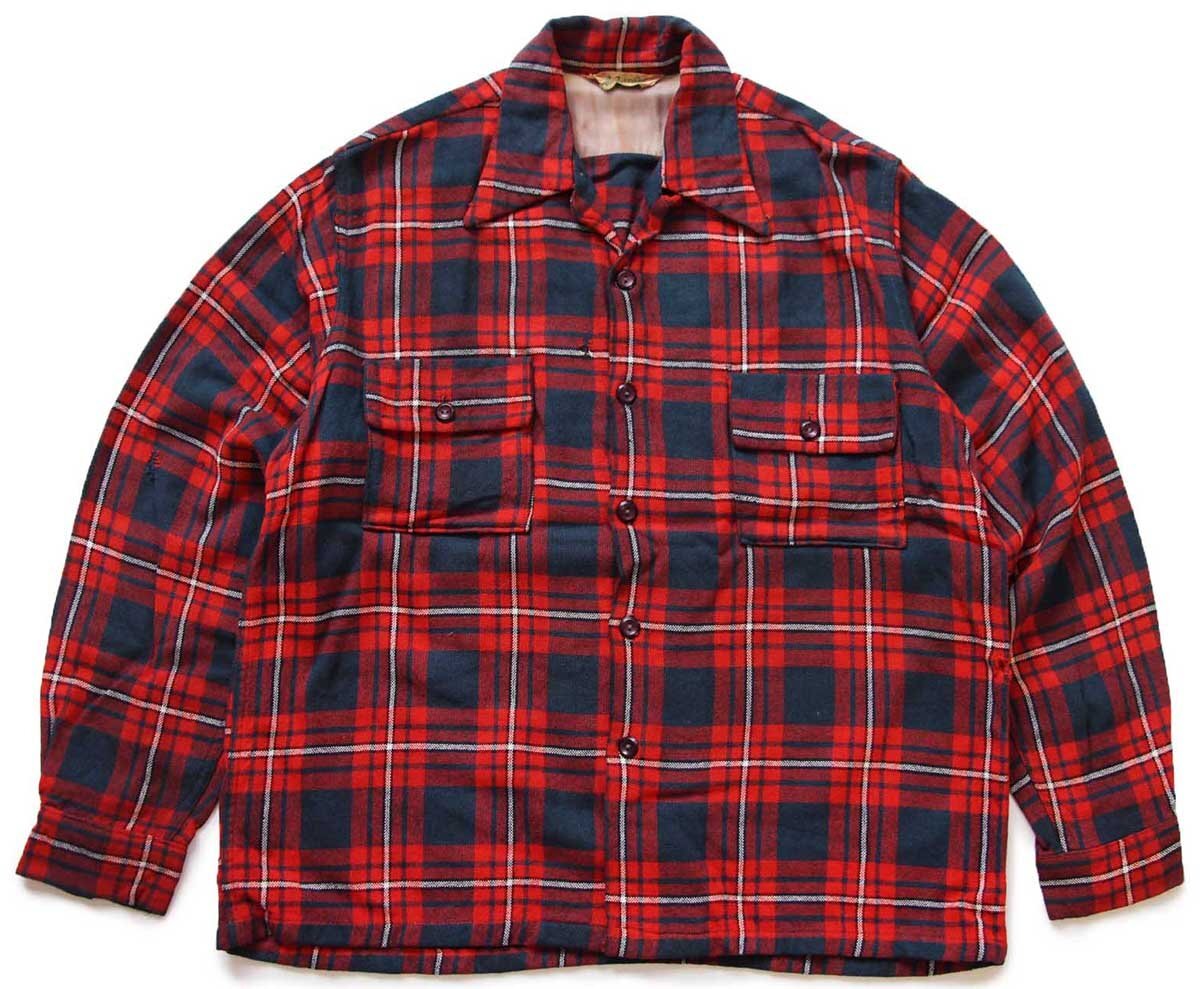 40s Lee-Sure Line タータンチェック ウール オープンカラーシャツ ボロ M【中古】｜Used Clothing Sixpacjoe