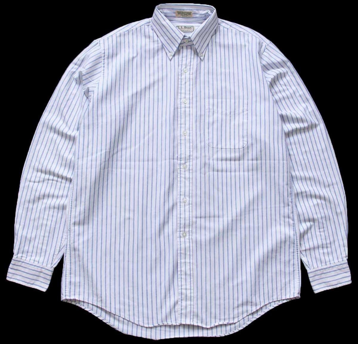 80s USA製 L.L.Bean ストライプ ボタンダウン オックスフォード シャツ 白×サックス 16.5【中古】