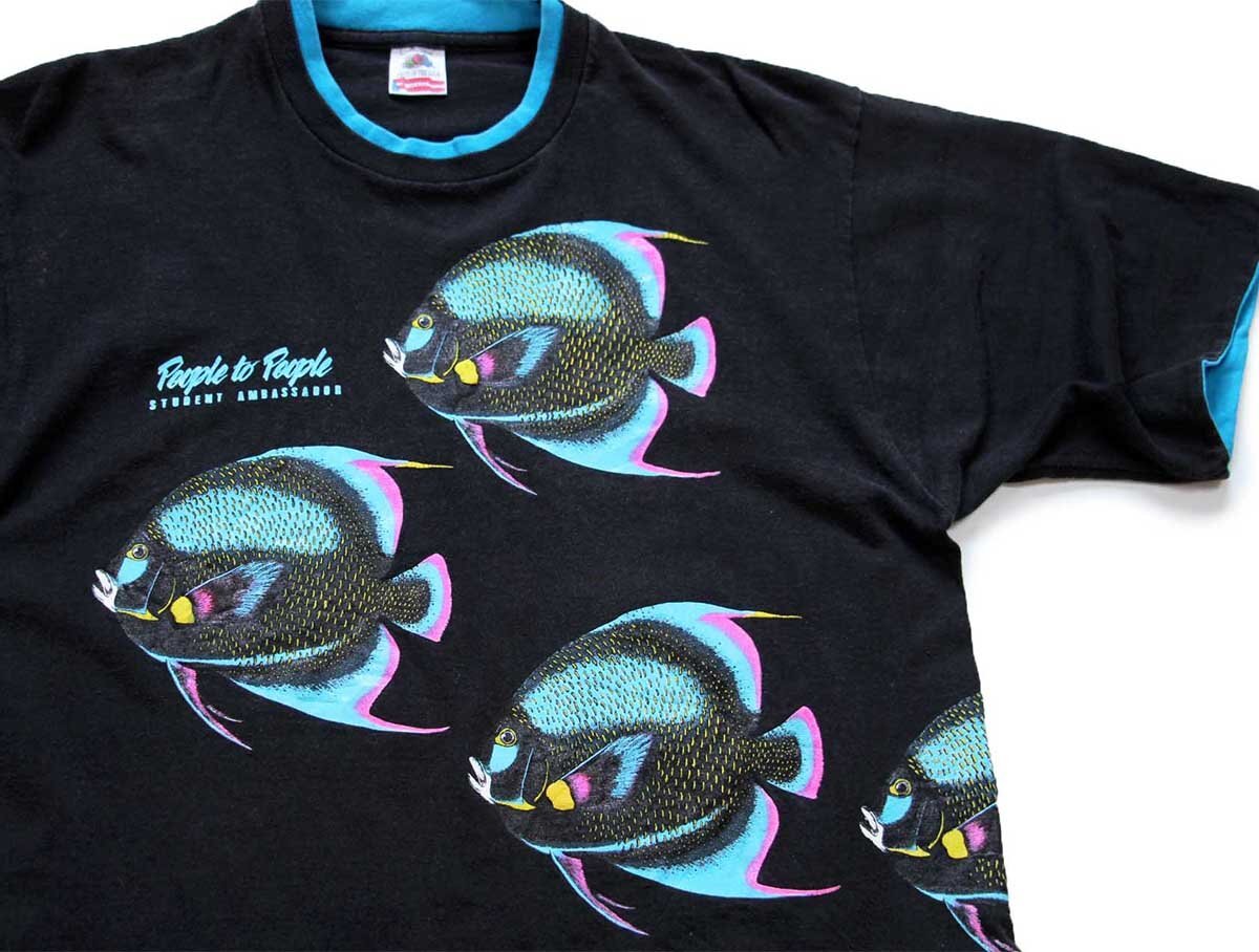 90s USA製 People to People 熱帯魚 アート レイヤードネック&スリーブ コットンTシャツ 黒×青 L【中古】