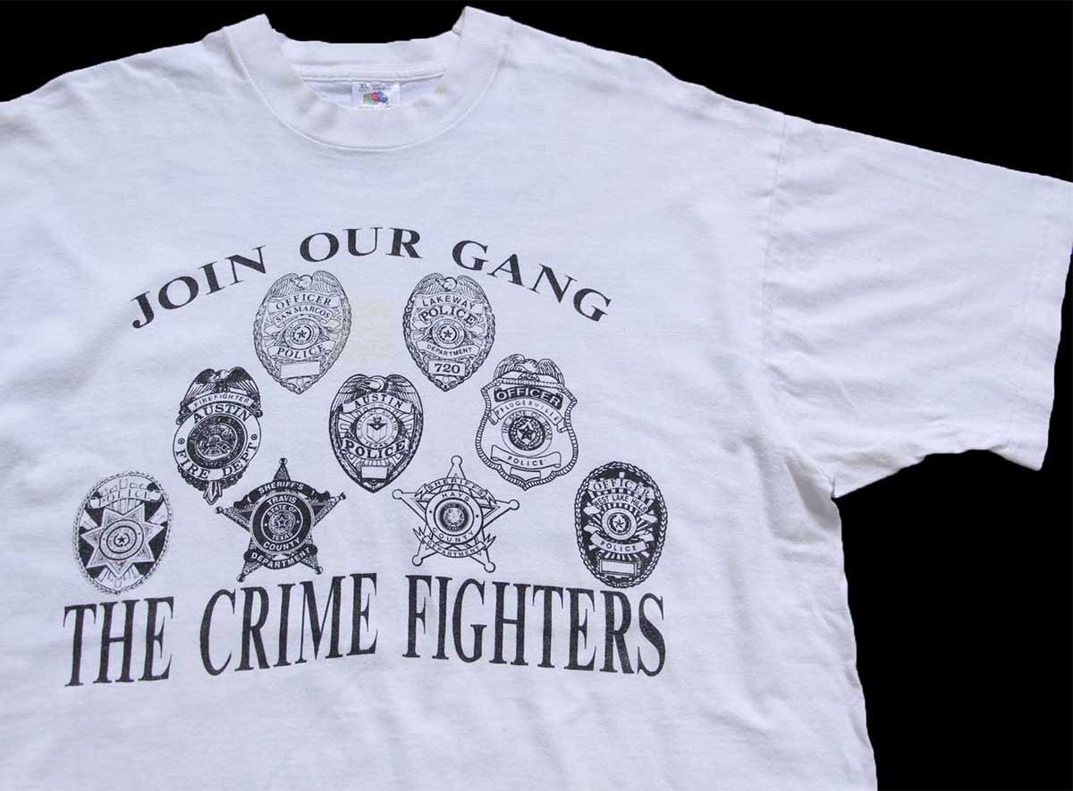 90s USA製 JOIN OUR GANG THE CRIME FIGHTERS POLICE IBM TARGET BUD LIGHT ロゴ 協賛 両面プリント コットンTシャツ 白 XL【中古】
