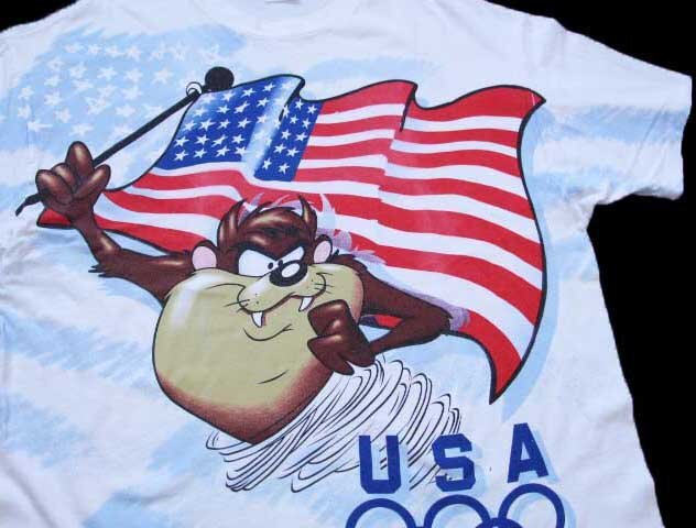 90s Hanes Warner Bros LOONEY TUNES タズマニアンデビル 星条旗 USAオリンピック オールオーバープリント コットンTシャツ 白 XL【中古】