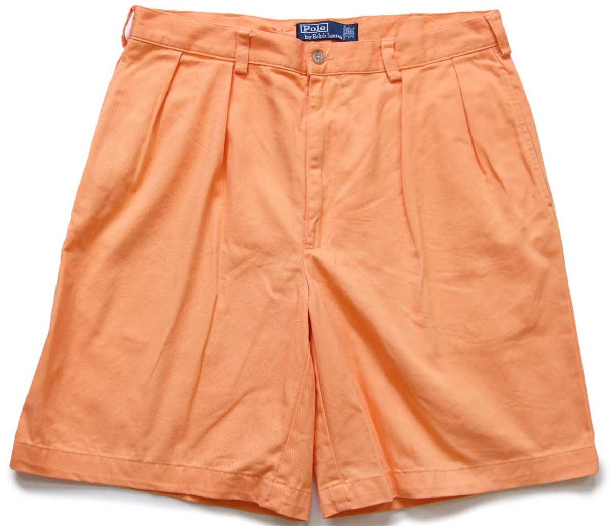 90s ポロ ラルフローレン TYLER SHORT ツータック コットン チノ ショートパンツ 薄オレンジ 35★ショーツ【中古】