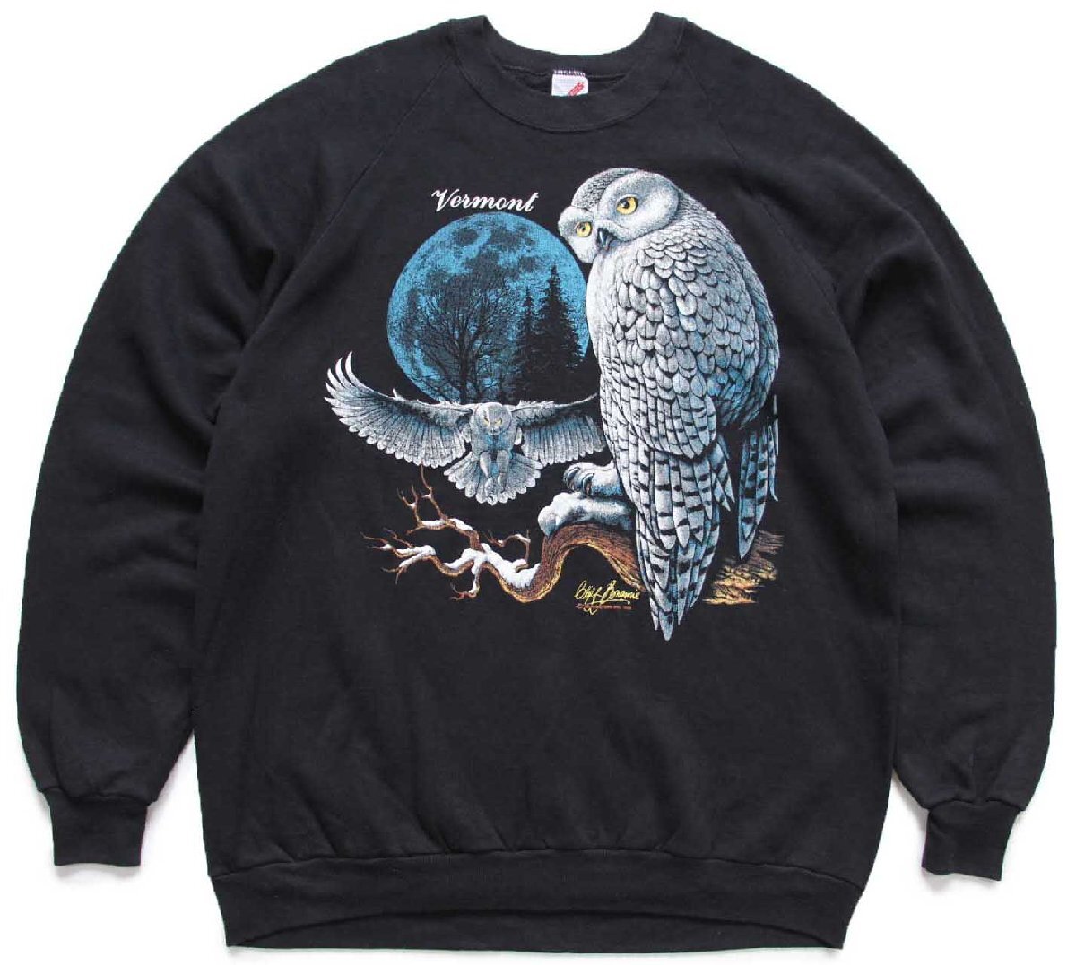80s USA製 SNOWY OWL フクロウ アート スウェット 黒 XXL★特大 RUSSELLラッセル【中古】｜Used Clothing Sixpacjoe