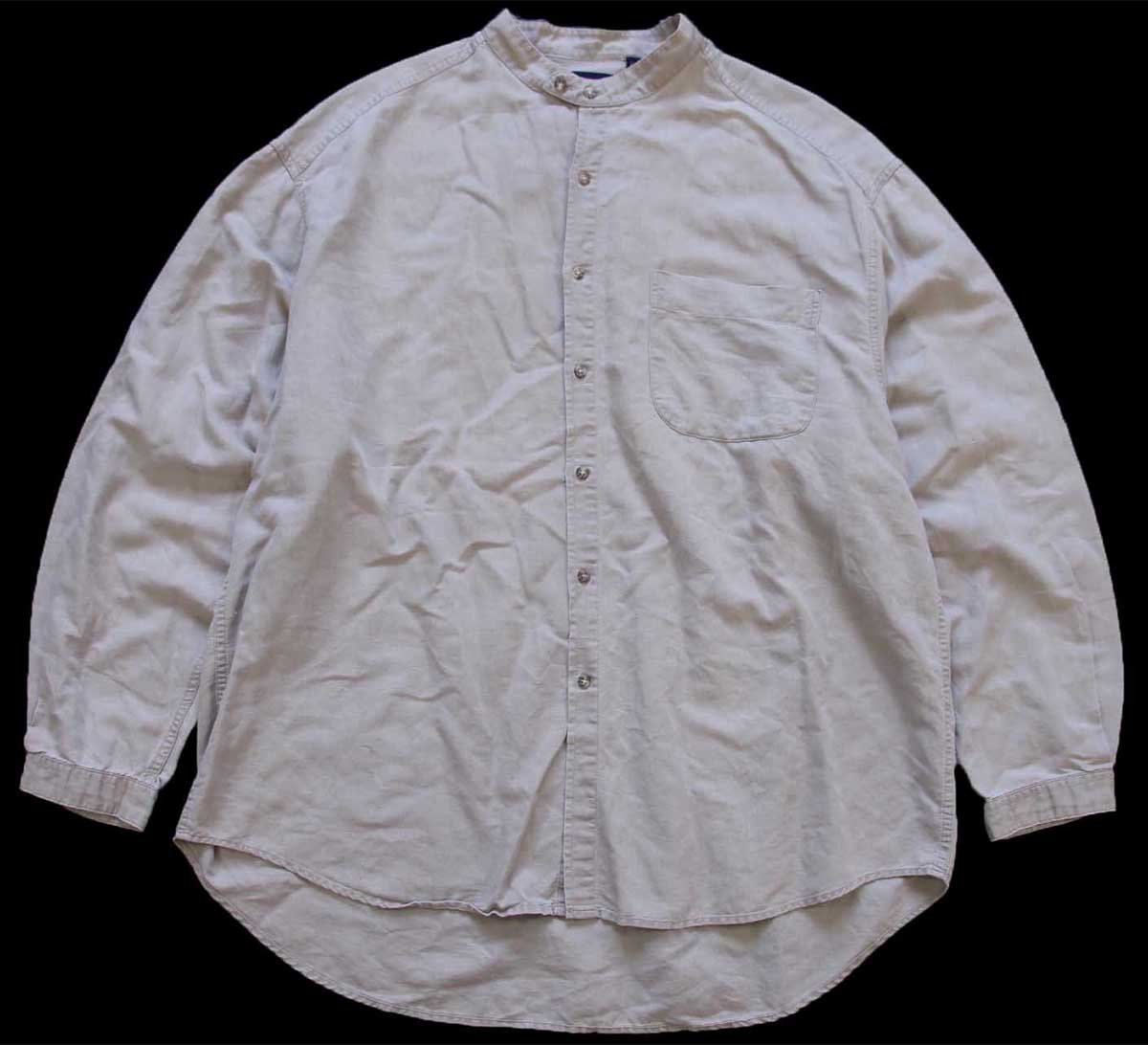 90s GAPギャップ 無地 バンドカラー チンスト付き リネン×コットンシャツ グレーベージュ★特大【中古】
