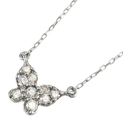 18金ゴールド 天然ダイヤモンド 4月誕生石 約0.10カラット ペンダントネックレス 蝶々 (ホワイト イエロー ピンク)