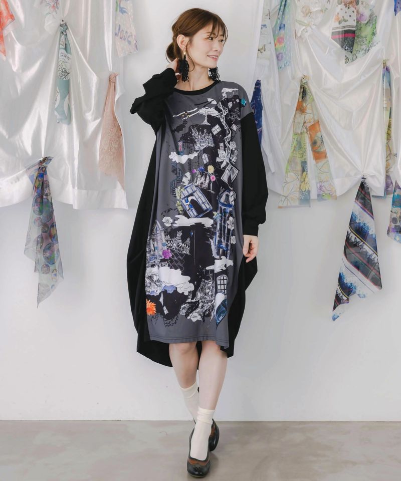 is ScoLar イズスカラー 天竺×天竺 柄 うつり変わり タック 衣裳 レディース 秋冬 今めかしい カワイイ 長袖
