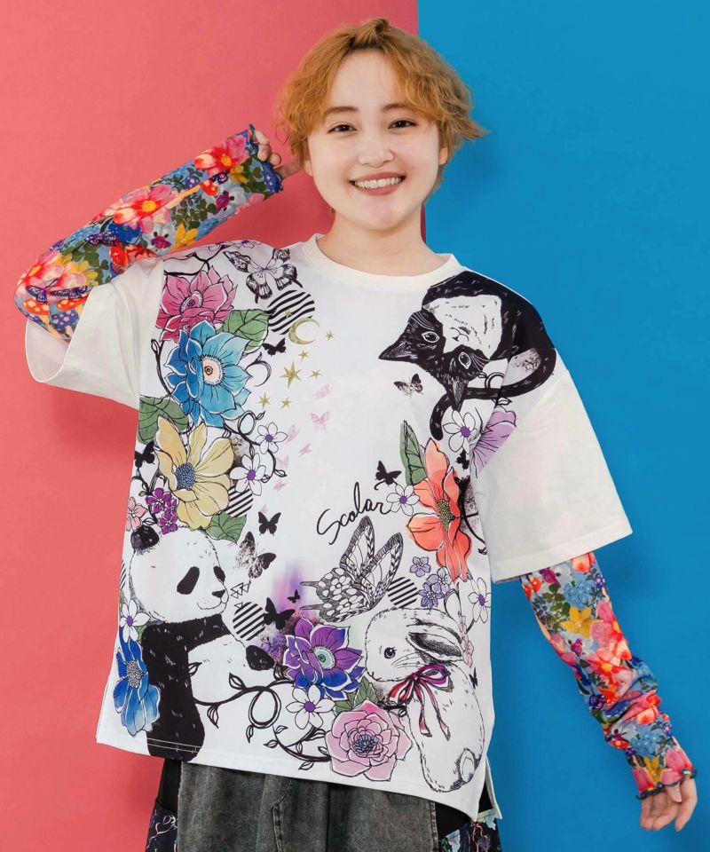 イズスカラー　is scolar 552225：ロゴ花蝶柄 スリット入りTシャツ 552225_5406c68ef102036d456b816
