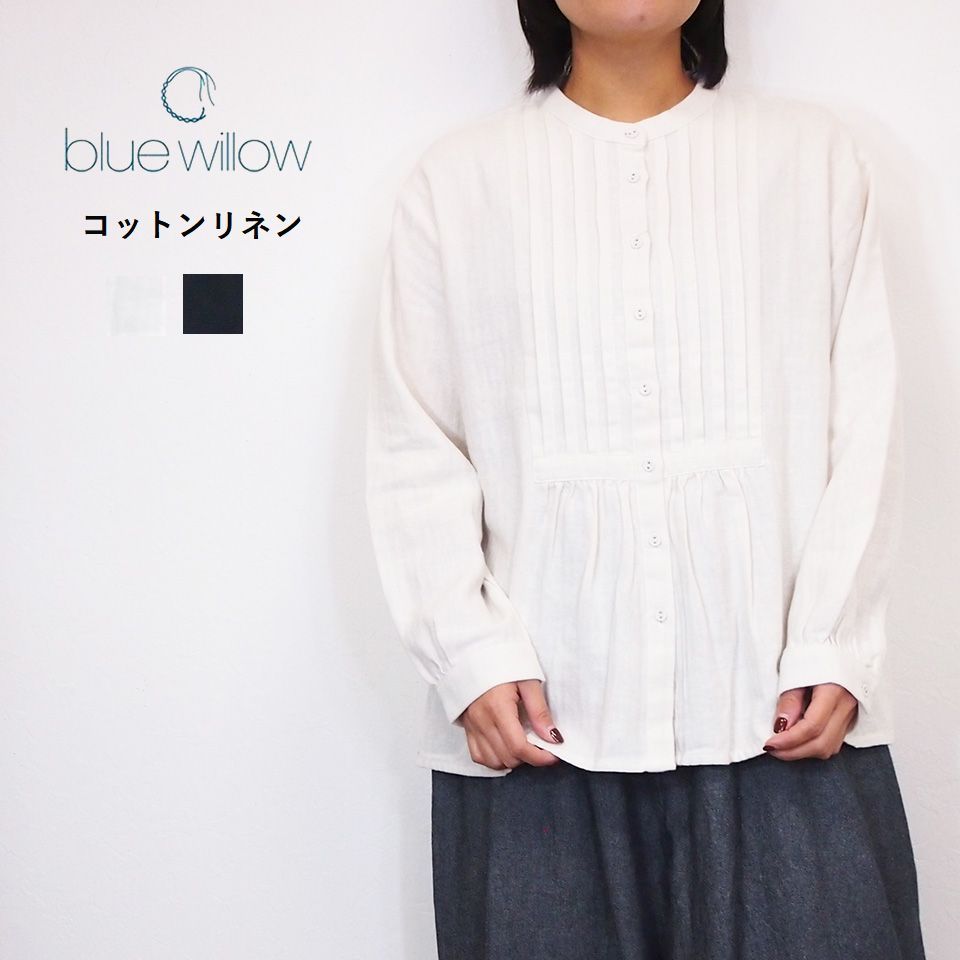 BLUE WILLOW ブルーウイロー 綿織物 リネン 杉綾模様 ピンタック  トップ レディース 冬 今めかしい プルオーバー 40代 50代