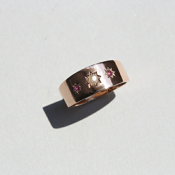 BRITISH ANTIQUE 1900s J.H.W CHESTER HALLMARKED PEARL \u0026 RUBY 9CT/9K GOLD GYPSY RING JP12.5 me01 ri04