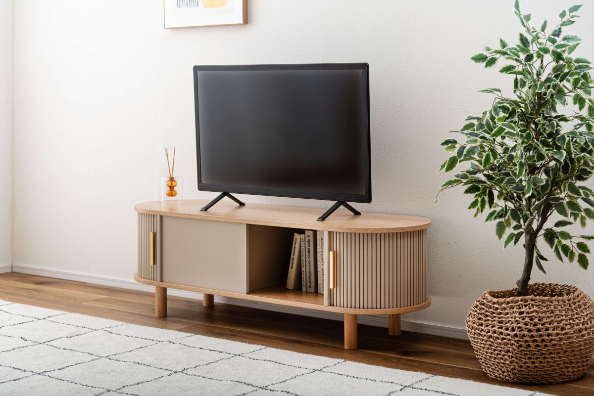 リブデザイン ローボード テレビ台 ベージュ 幅117cm 高さ38cm スライド扉 コンパクト シンプル クラシック 小物収納 韓国インテリア風 一人暮らし|T-smile