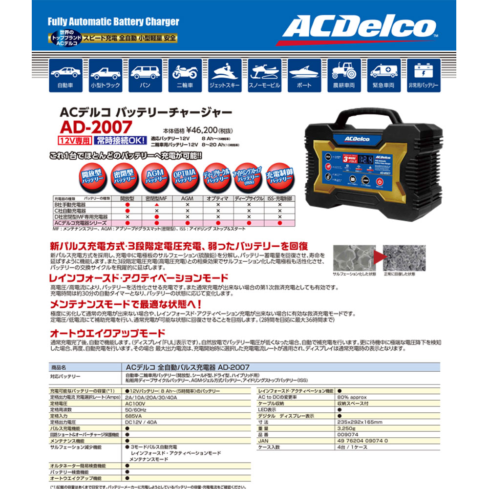 バッテリーチャージャー 自動車 車 ジャンプスターター 12v Acデルコ Ad 07 充電 蓄電池 電池 業務用 バッテリー カーバッテリー カー用品 メンテナンス 充電器 バイク 車用品 カー 車バッテリー 車用 車用バッテリー カーグッズ バッテリー充電器 カーバッテリー充電器