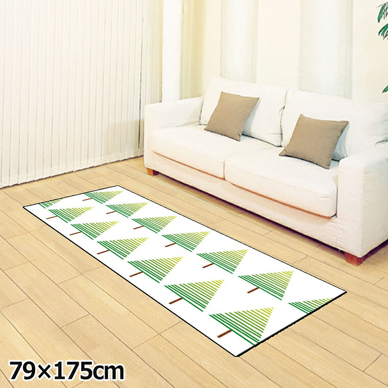 ラグ 洗える 北欧 おしゃれ 約79×175cm カーペット イラスト アクセントラグ アクセントマット オールシーズン リビング ダイニング 寝室 ホットカーペット対応 転写プリント TEN124-C 森グリーン