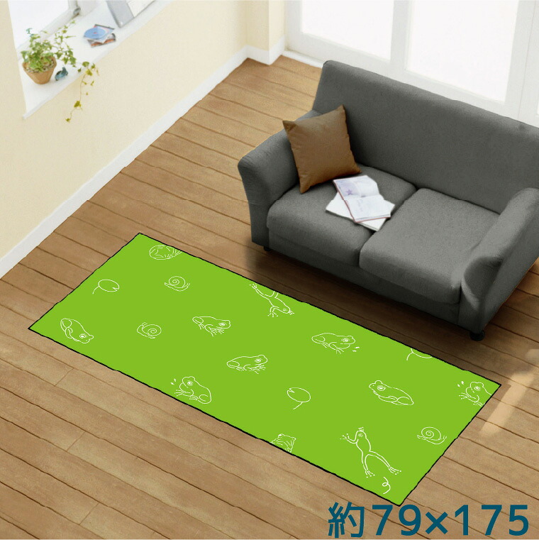 ラグ 洗える 北欧 おしゃれ 約79&times;175cm カーペット イラスト アクセントラグ アクセントマット オールシーズン リビング ダイニング 寝室 ホットカーペット対応 転写プリント TEN148-C カエル いっぱい 雨 グリーン 転写プリントラグ 79*175｜ラグ・寝具・雑貨のストアポケット