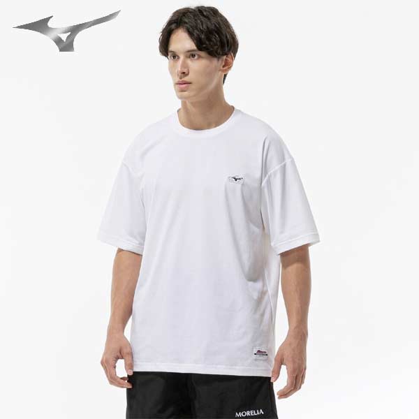 ウェア ミズノ スポーツ サッカー モレリア ストレッチ ドライ Tシャツ カジュアル 半袖 シャツ ワッペン MORELIA ワイドシルエット ホワイト P2MAD05501 mizuno