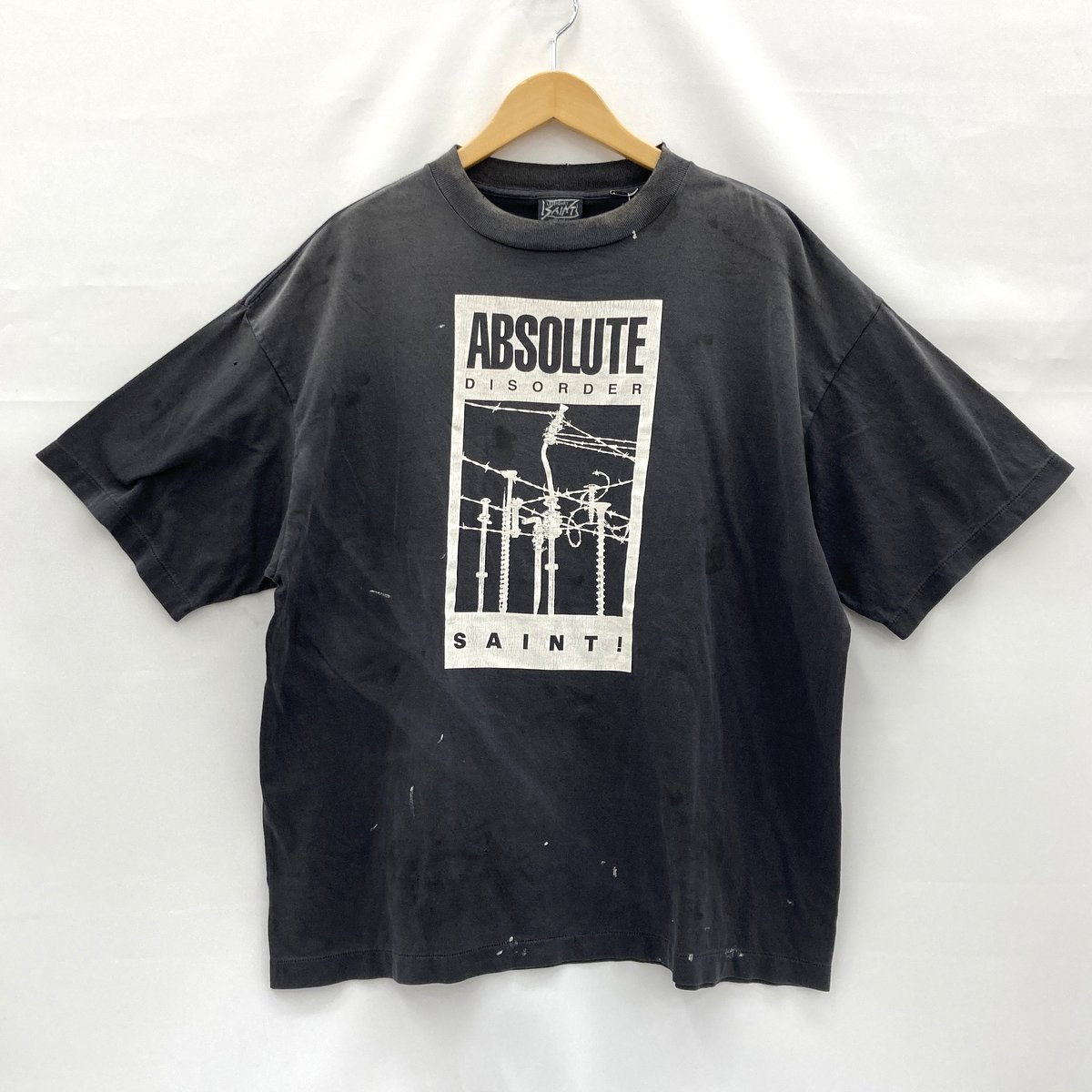 【中古】SAINT MICHAEL 仙マイケル ティーシャツ 半袖 労働者の一団のど首 KK_SS T-SHIRT 曳き船付き添い人 XL大きさ 黒いこと ヴィンテージ工業 刷り上げる ★ SS220