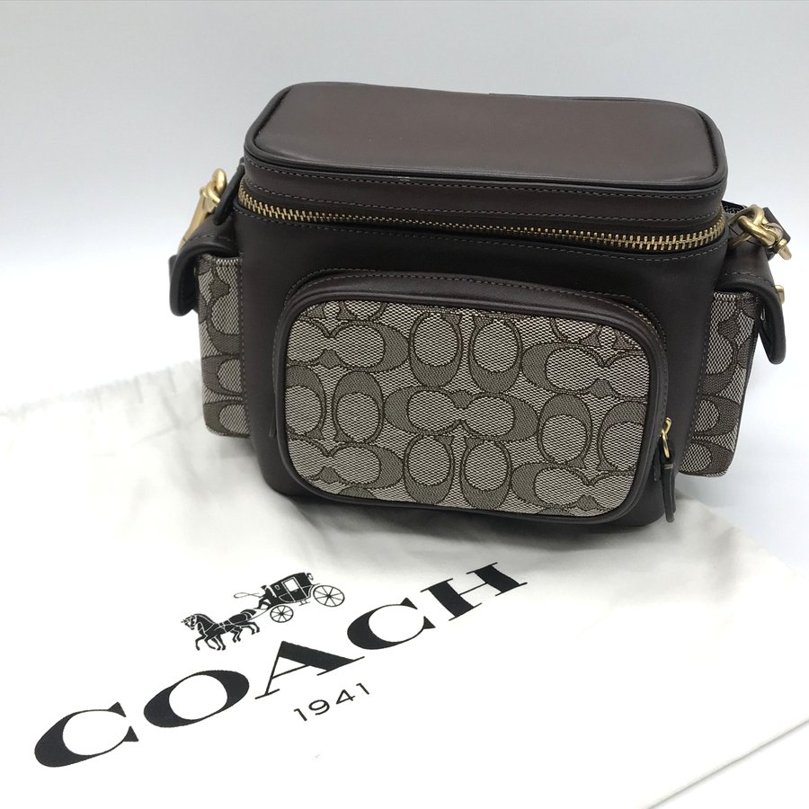 【中古】 コーチ ユーティリティクロスボディ18 シグネチャージャカード C3906 ショルダー レザー 保存袋 美品 男女兼用 ブラウン COACH 鞄 B7379◆
