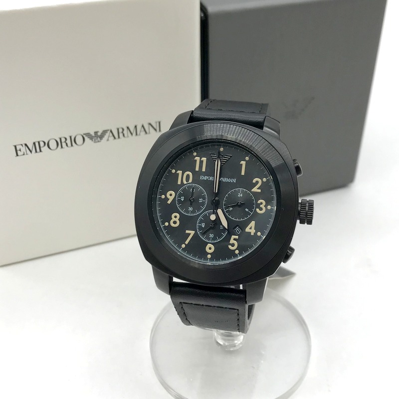 【中古】 EMPORIO ARMANI 腕時計 AR-6061 ウォッチ クォーツ アナログ 防水 レザーバンド 箱 タグ 取説付 カジュアル シンプル メンズ  ブラック エンポリオアルマーニ 服飾小物 B10708◆