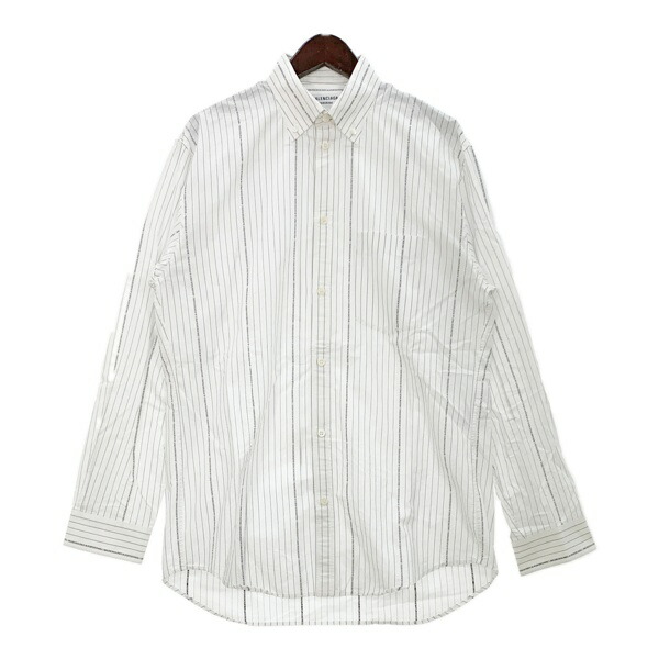 【中古】BALENCIAGA ロゴ ストライプ ワードローブシャツ 662983 美品 ボタンダウン 長袖 カジュアル メンズ サイズ32 ホワイト バレンシアガ トップス DM13792■