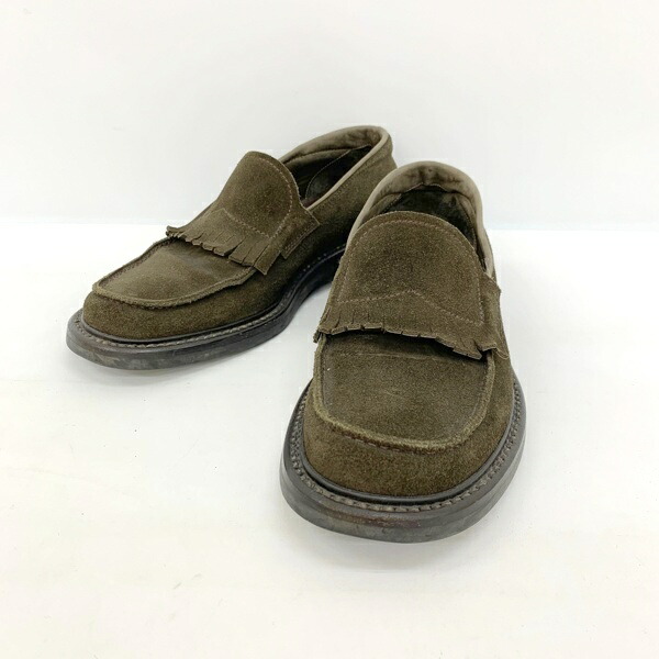 【中古】PRADA スエード レザー ローファー シューズ スリッポン フリンジ スクエアトゥ ビジネス 通勤 オフィス メンズ サイズ5 カーキ系 プラダ 靴 DF15116■