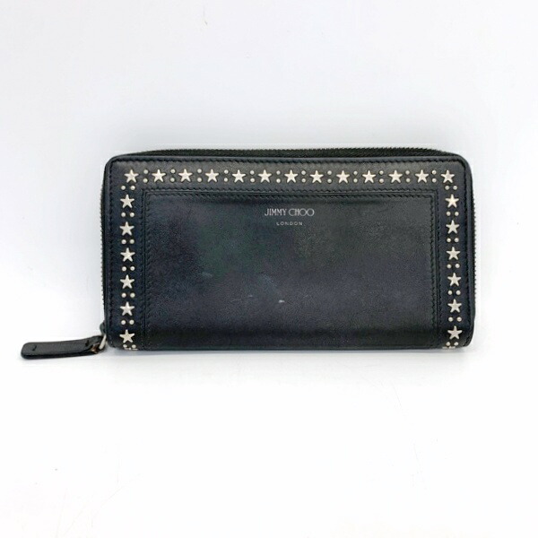 【中古】JIMMY CHOO ジミーチュウ 長財布 ロングウォレット サイフ ラウンドファスナー 男女兼用 ブラック 財布 DF16502■