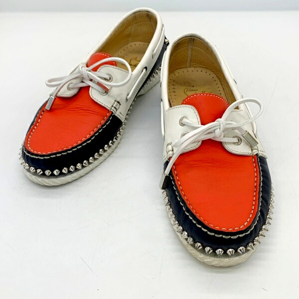 【中古】 CHRISTIAN LOUBOUTIN クリスチャンルブタン デッキシューズ スタッズ メンズ 41 26cm相当 レッド ネイビー 靴 DF16668■