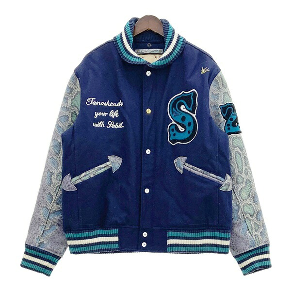 【中古】SABIT NYC サビ スタジャン スタジアムジャンパー ジャケット 革ジャン メンズ Mサイズ ネイビー アウター DM17637■