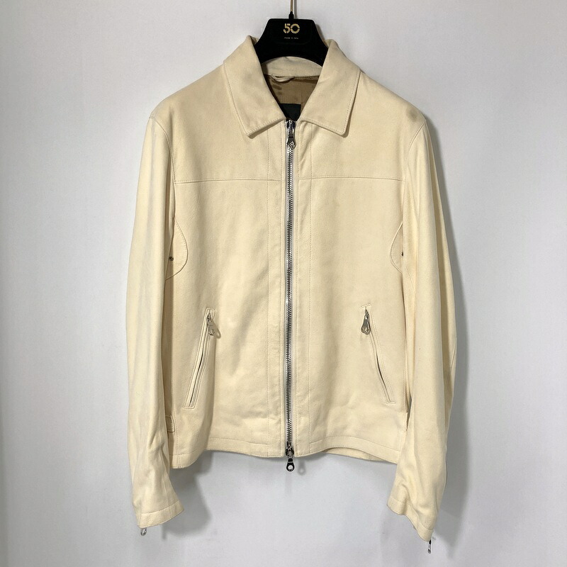 【中古】CINQUANTA チンクアンタ 襟付きシングルライダースジャケット H-503 メンズ サイズ48 Lサイズ アイボリー アウター A15680◆