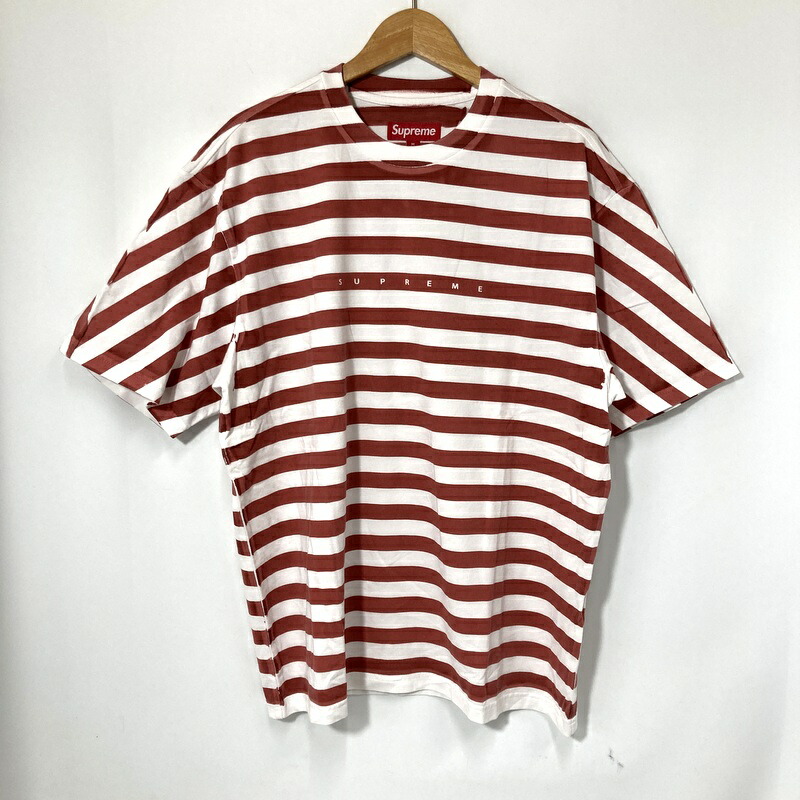 【中古】 Supreme シュプリーム Tシャツ 半袖 クルーネック ボーダー Overprint Stripe S/S Top メンズ Mサイズ レッド トップス A16158◆