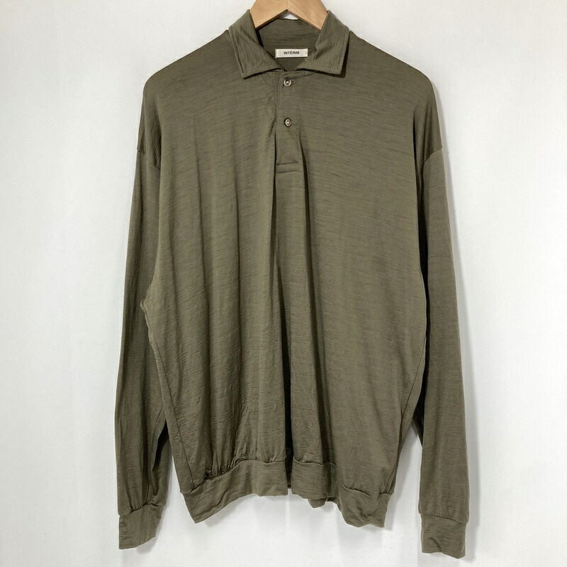 【中古】INTERIM インテリム エクストラファインメリノウールジャージーハイパービッグロングポロシャツ IT24S026 メンズ サイズ4 Mサイズ相当 セージ カーキ トップス A16133◆