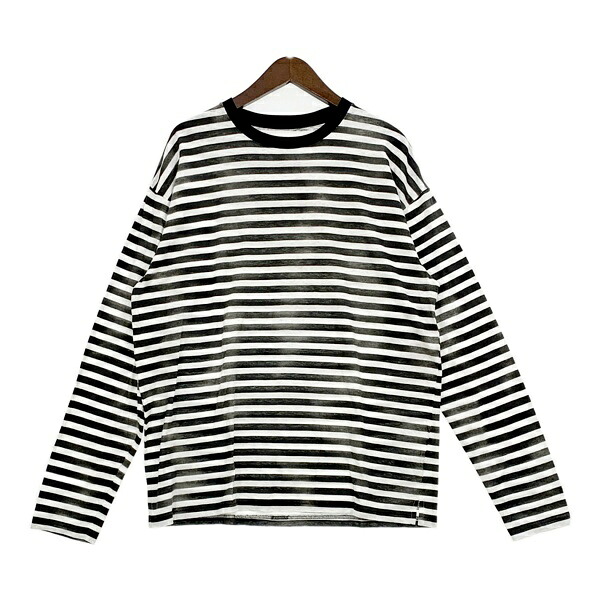 【中古】MINEDENIM マインデニム ボーダー カットソー ロンT Hazy Border L/S T-SH メンズ Lサイズ ブラック ホワイト トップス DM18718■