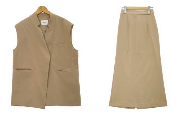 【中古】AMERI アメリ ヴィンテージ OTONA WRAP VEST SET UP DRESS 上衣 限りない タイトスカート 美品 レディース S大きさ ベージュ セットアップ IL18504■
