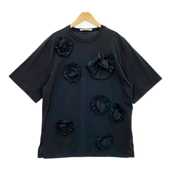【中古】ENFOLD エンフォルド プルオーバー カットソー 半袖 御花 STAPLE天竺 Decorative T-SHIRT レディース 大きさ38 黒いこと トップス DL19339■