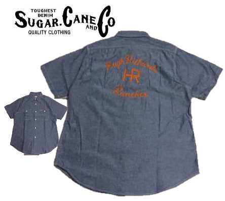 シュガーケーン(Sugarcane) SC39126 下げ翼付シャンブレー・ワークシャツ 刺・墸半袖ティーシャツ BLUE