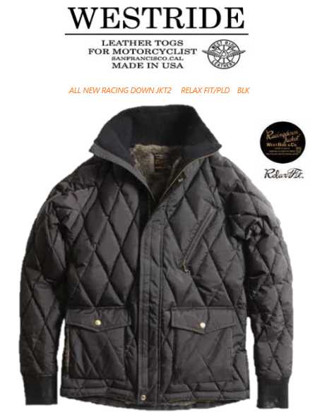 ウエストライド(WESTRIDE) ALL NEW RACING DOWN JKT2  RELAX FIT/PLD BLK  レーシングダウンジャケット 伸び伸びする真似形【貨物輸送無料】ゆったり アメカジ ヴィンテージ レーシングダウンジャケット