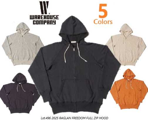 WARE HOUSE（御召しもの住みか） Lot.496 RAGLAN FREEDOM FULL ZIP 5Color ラグランフリーダムフルジップフード ZIP UPスウェットパーカー