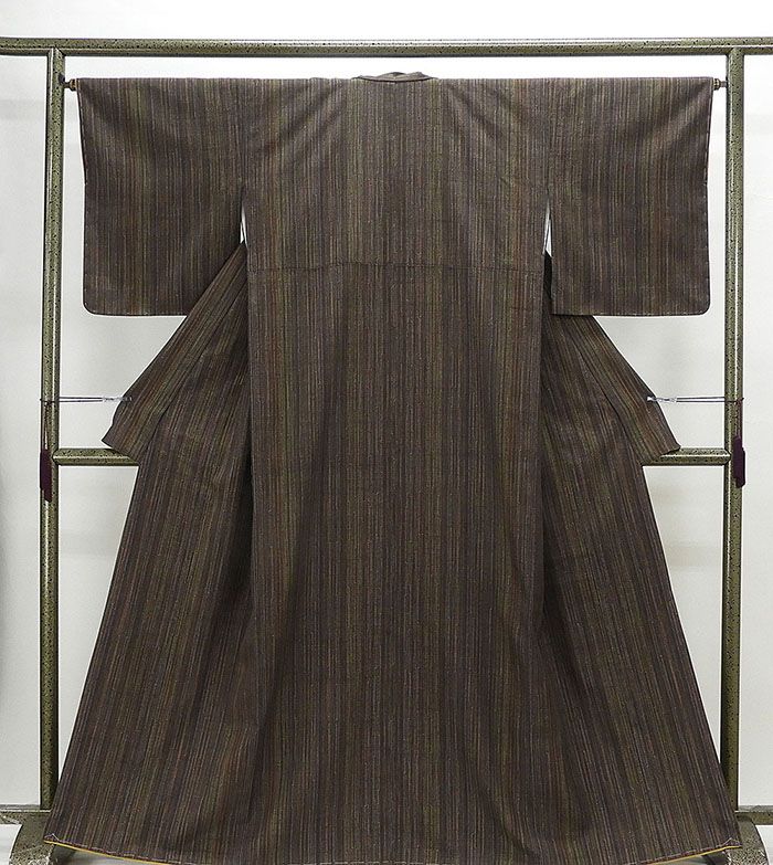 紬 未着用 正絹 縦縞絣模様 身丈169.5cm 裄丈70.5cm 紬 未使用 着物 紬 つむぎ 幾何学模様 縞模様 身丈155cm 裄丈67.3cm ☆着物 pb-