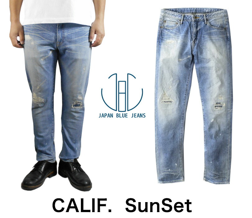 楽天市場 送料無料 夏 ジャパンブルージーンズ Japan Blue Jeans 人気 メンズ スリム テーパード ジーンズ 12oz カリフ ストレッチ ダメージ リペア デニム パンツ アイスブルー J8717 サンセット 日本製 Rcp Treasure Hunter Store R