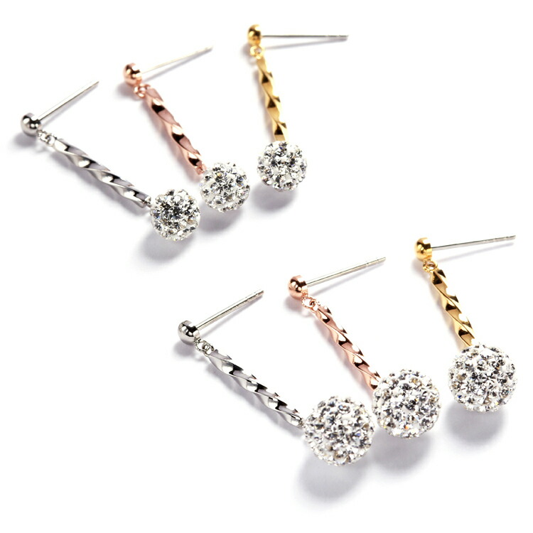 金属アレルギー negozietto[両耳用]ピアス スタッド ピアス ステンレス キャッチ 両耳用 6mm 8mm ぶら下がり WG色 YG色 PG色の3色 レディース w1s15-hm012 揺れる 両耳用 クリスタルボール キュービック ラインストーン(ND) ファーストピアス セカンドピアス