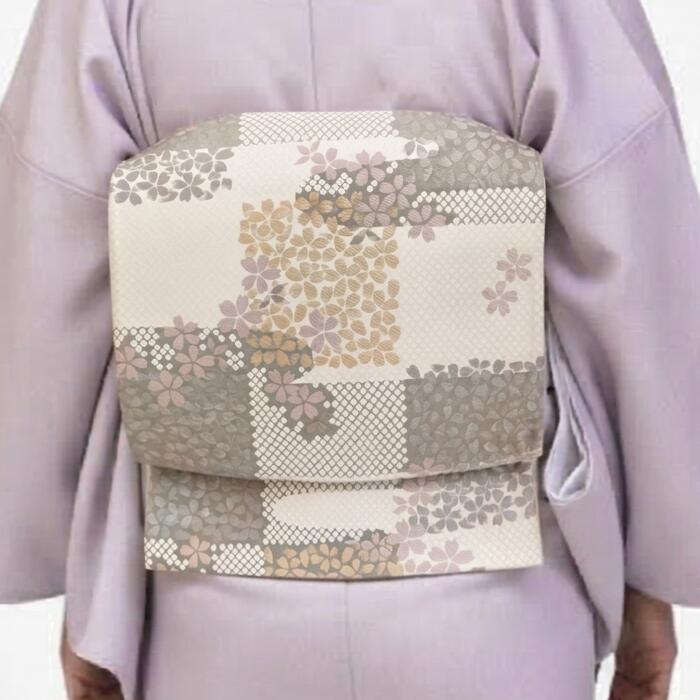 袋帯 正絹 西陣織 ふくろ帯 六通柄 仕立代込 白 桜 疋田