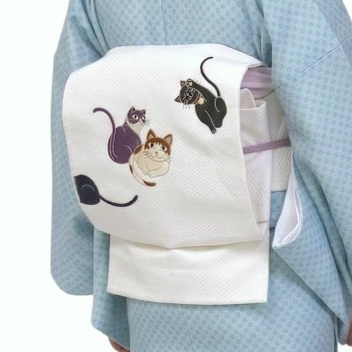 名古屋帯 正絹 白 招き猫 クリーム 京玉響 西陣織 仕立付き