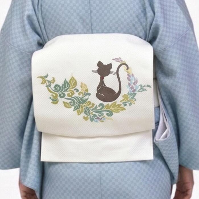 名古屋帯 正絹 白 猫 夢みるねこ ホワイト 京玉響 西陣織 仕立付き