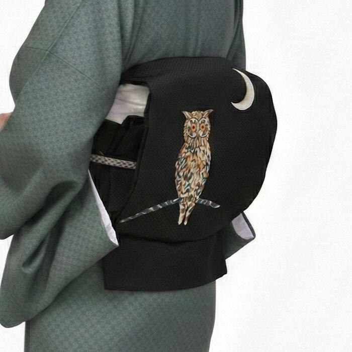 名古屋帯 正絹 黒 梟 木菟 みみづく ふくろう ブラック 京玉響 西陣織 仕立付き