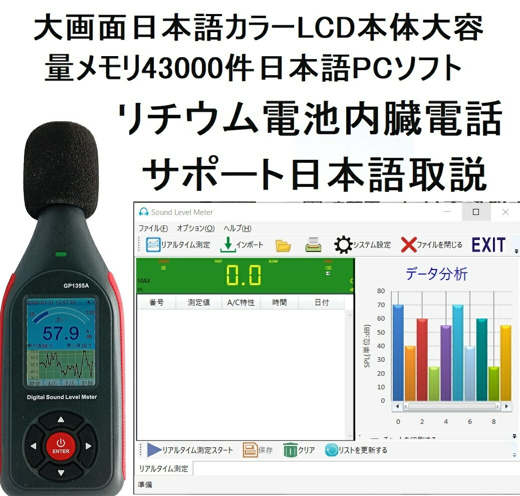 大画面日本語インタフェース カラーLCD 本体大容量メモリ43000件 リチウム電池内臓 日本語PCソフト データロガー 騒音計日本語取説 高精度 リアルタイム測定結果パソコンへ デジタル騒音計 サウンドメーター 高性能 電話サポート 隣人ガチャ