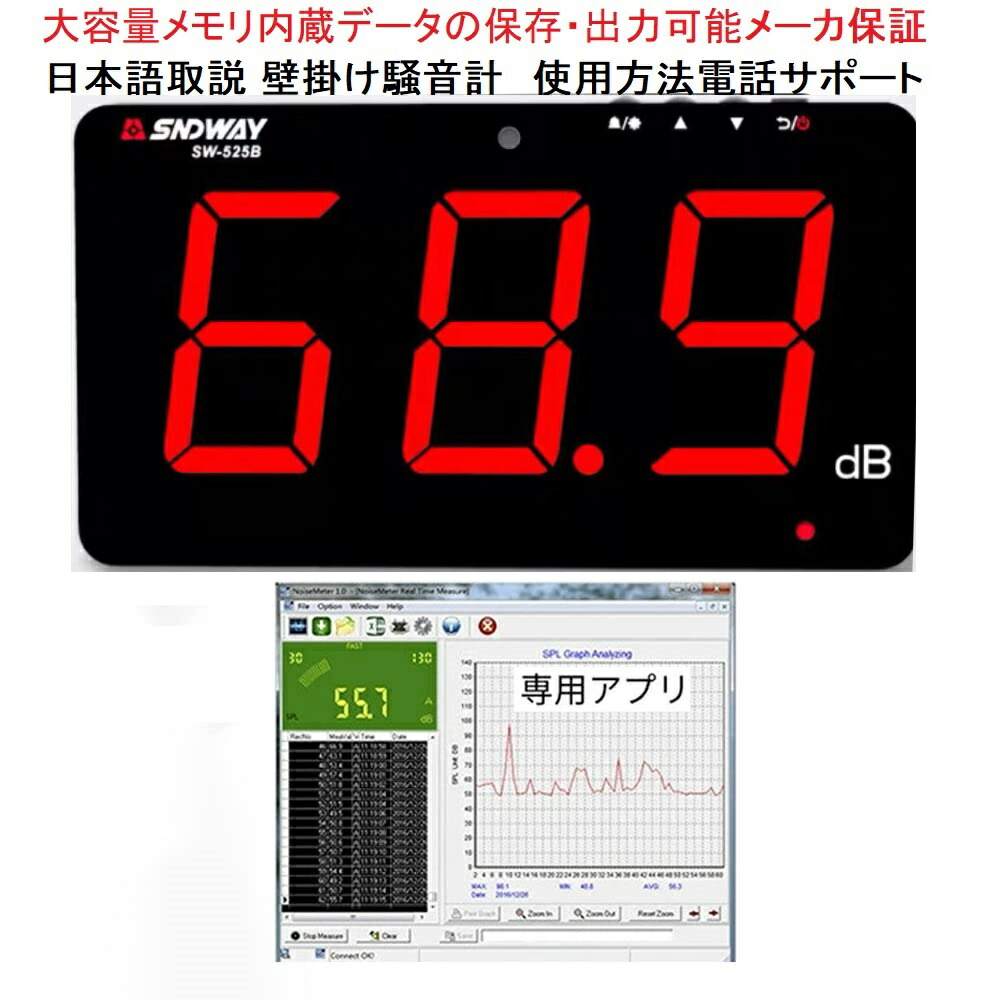 メーカ保証 データロガー機能 データ容量1年分 PCソフト付 壁掛け騒音計 日本語取説 騒音計 リアルタイム測定結果パソコンへ SW-525B ノイズメーター LCD 30-130dB 点滅ライト アラーム機能サウンドレベルメーター 工場実験室病院事務所学校家庭など場所幅広い使用