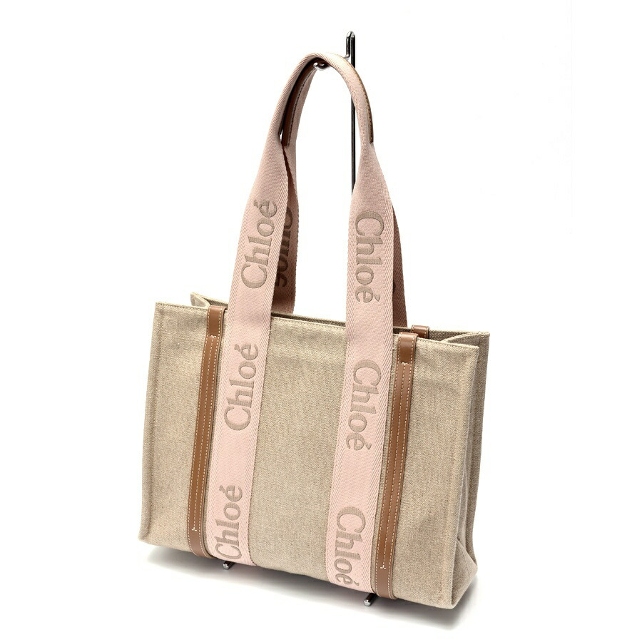 Chloé リネン製WOODYラージトートバッグ　付属品あり　大人気商品 リネン製Woodyラージトートバッグ White - Brown - Chloé