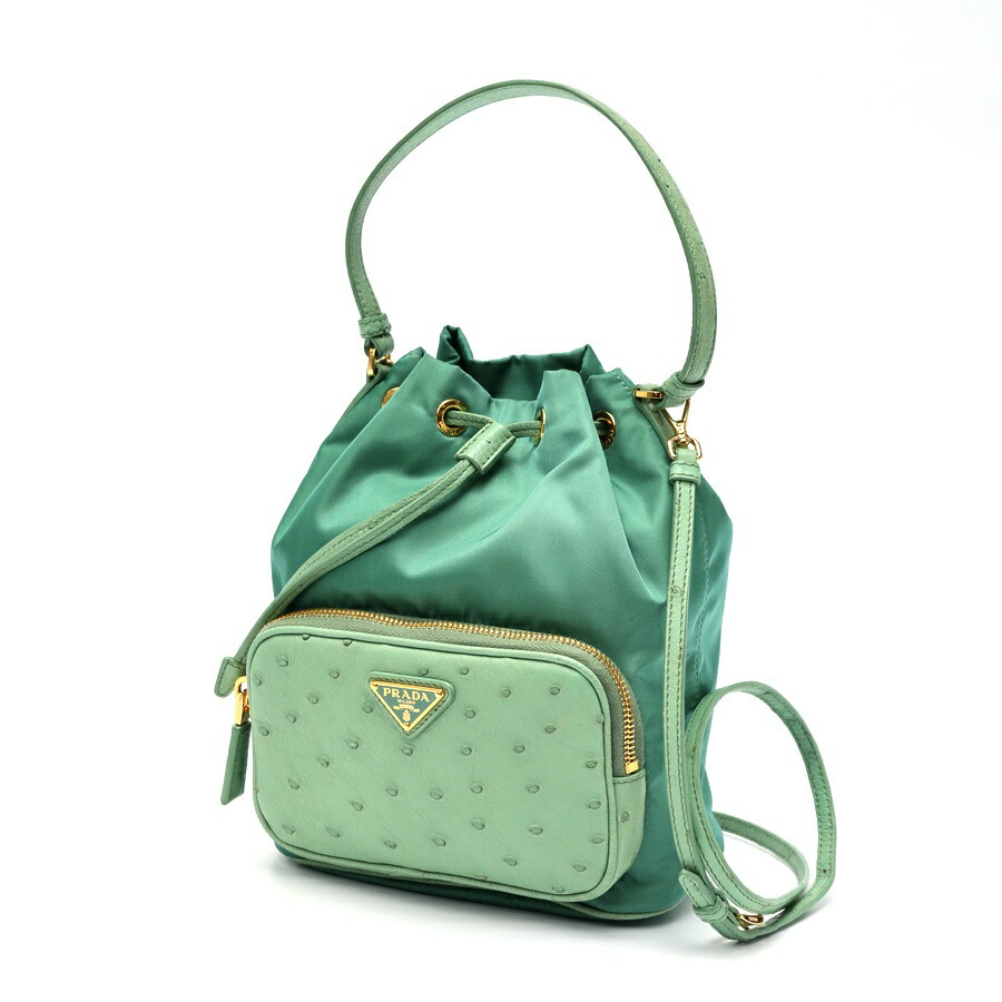 【中古】 プラダ / PRADA Re-Nylon x 駝鳥 ショルダーバッグ / 井戸釣瓶御徒面子 1BH038 ナイロン/駝鳥 緑であること系 商いもの電話番号 E-158521 割り引き